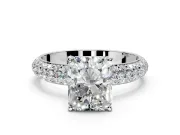 Solitaire Engagement Ring Setting for Radiant Cut Center with Domed Multi-Row Pave Band and Prong Head in Sterling Silver