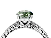 Solitaire Engagement Ring Setting for Fancy Green Oval Center with Engraved Milgrain Band and Prong Head in White Gold