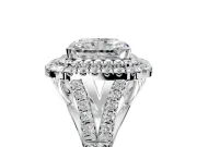Double Halo Engagement Ring Setting for Radiant Cut Center with Narrow Pave Split Shank and Prong Head in White Gold