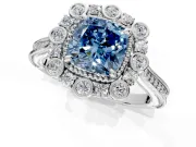 Milgrain Halo Engagement Ring Setting for Fancy Blue Cushion Cut Center with Bezel Point Accents and Prong Head in White Gold
