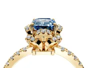 Halo Engagement Ring Setting for Fancy Blue Emerald Cut Center with Openwork Halo, Pave Band and Prong Head in Yellow Gold