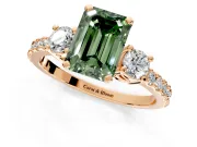 3 Stone Engagement Ring Setting for Fancy Green Emerald Cut Center with Round Cut Side Accents and Prong Head in Rose Gold