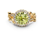 Halo Engagement Ring Setting for Fancy Yellow Round Cut Center with Leaf Motif Split Shank and Prong Head in Yellow Gold