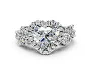 Milgrain Halo Engagement Ring Setting for Heart-Shaped Center with Shoulder Bezels and Prong Head in White Gold