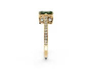 Cathedral Engagement Ring Setting for Fancy Green Emerald Cut Center with Antique-Style Pave Band and Prong Head in Yellow Gold