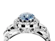 Halo Engagement Ring Setting for Fancy Blue Pear-Shaped Center with Open Scroll Shoulders and Prong Head in White Gold