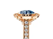 Halo Engagement Ring Setting for Fancy Blue Round Cut Center with Milgrain Pave Band and Bezel Head in Rose Gold