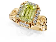 Halo Engagement Ring Setting for Fancy Yellow Emerald Cut Center with Open Scroll Shoulders and Prong Head in Yellow Gold