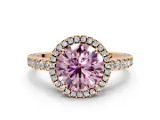 Accent Halo Engagement Ring Setting for Fancy Pink Round Cut Center with Full-Length Pave Band and Prong Head in Rose Gold