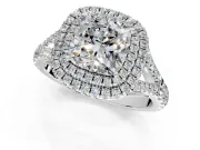 Double Halo Engagement Ring Setting for Cushion Cut Center with Narrow Pave Split Shank and Prong Head in Platinum