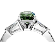 3 Stone Engagement Ring Setting for Fancy Green Emerald Cut Center with Channel Baguette Accents and Prong Head in Sterling Silver