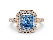 Pave Halo Engagement Ring Setting for Fancy Blue Radiant Cut Center with Single Row Pave Band and Prong Head in Rose Gold