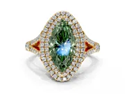 Double Halo Engagement Ring Setting for Fancy Green Marquise Center with Narrow Pave Split Shank and Prong Head in Yellow Gold