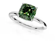 Hidden Halo Engagement Ring Setting for Fancy Green Cushion Cut Center with Thin Rounded Band and Prong Head in Platinum