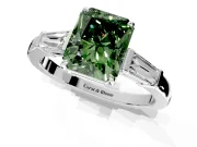 3 Stone Engagement Ring Setting for Fancy Green Radiant Cut Center with Baguette Accents and Prong Head in White Gold