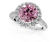Halo Engagement Ring Setting for Fancy Pink Round Cut Center with Narrowing Pave Band and Prong Head in White Gold