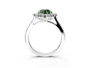 Sunburst Halo Engagement Ring Setting for Fancy Green Round Cut Center with Pave Band and Prong Head in White Gold