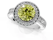 Milgrain Halo Engagement Ring Setting for Fancy Yellow Round Cut Center with Pave Band and Prong Head in White Gold
