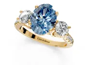 3 Stone Engagement Ring Setting for Fancy Blue Oval Center with Crossover Basket, Pave Band and Prong Head in Yellow Gold