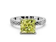 Solitaire Engagement Ring Setting for Fancy Yellow Princess Cut Center with Scrollwork Band and Prong Head in White Gold