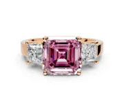 3 Stone Engagement Ring Setting for Fancy Pink Asscher Cut Center with Matching Side Accents and Prong Head in Rose Gold