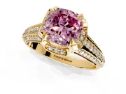 Solitaire Engagement Ring Setting for Fancy Pink Cushion Cut Center with Accented Split Shank and Prong Head in Yellow Gold