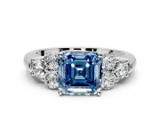 Cluster Engagement Ring Setting for Fancy Blue Asscher Cut Center with Round Cut Accent Frame and Prong Head in Sterling Silver