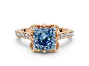 Floral Engagement Ring Setting for Fancy Blue Cushion Cut Center with Pave Band and Floral Prong Head in Rose Gold