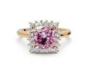 Starburst Halo Engagement Ring Setting for Fancy Pink Cushion Cut Center with Thin Round-Wire Band and Prong Head in Yellow Gold