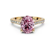 Solitaire Engagement Ring Setting for Fancy Pink Oval Center with Widening Pave Band and Claw Prong Head in Yellow Gold