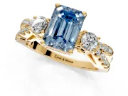 3 Stone Engagement Ring Setting for Fancy Blue Emerald Cut Center with Pave Split Shank and Prong Head in Yellow Gold