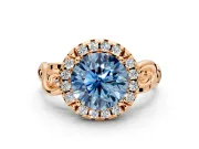 Halo Engagement Ring Setting for Fancy Blue Round Cut Center with Open Scroll Shoulders and Prong Head in Rose Gold