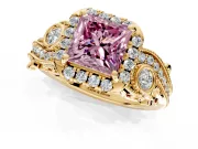 Milgrain Halo Engagement Ring Setting for Fancy Pink Princess Cut Center with Shoulder Bezels and Prong Head in Yellow Gold