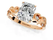Leaf Engagement Ring Setting for Princess Cut Center with Milgrain Accent Band and Prong Head in Rose Gold