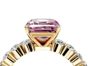 Shared-Prong Engagement Ring Setting for Fancy Pink Asscher Cut Center with Graduated Accents and Prong Head in Yellow Gold