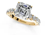 Shared-Prong Engagement Ring Setting for Asscher Cut Center with Graduated Accents and Prong Head in Yellow Gold
