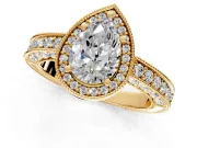 Milgrain Halo Engagement Ring Setting for Pear-Shaped Center with Wide Pave Band and Prong Head in Yellow Gold
