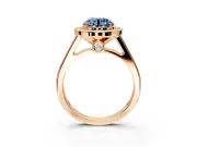 Halo Engagement Ring Setting for Fancy Blue Round Cut Center with Outer Bezel Rim, Pave Band and Prong Head in Rose Gold