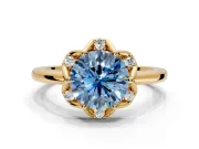 Floral Frame Engagement Ring Setting for Fancy Blue Round Cut Center with Accent Clusters and Prong Head in Yellow Gold