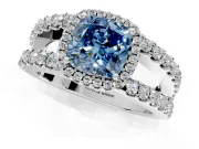 Halo Engagement Ring Setting for Fancy Blue Cushion Cut Center with Wide-Open Pave Split Shank and Prong Head in Sterling Silver