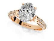 Solitaire Engagement Ring Setting for Oval Center with Multi-Row Accents and Prong Head in Rose Gold