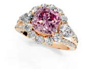 Halo Engagement Ring Setting for Fancy Pink Cushion Cut Center with Two-Strand Split Shank and Prong Head in Rose Gold