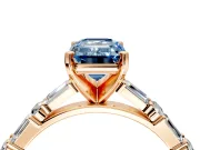 Baguette Engagement Ring Setting for Fancy Blue Emerald Cut Center with Alternating Bar-Set Band and Prong Head in Rose Gold
