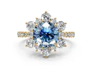 Floral Halo Engagement Ring Setting for Fancy Blue Round Cut Center with Pave Accents and Prong Head in Yellow Gold
