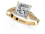 Solitaire Engagement Ring Setting for Princess Cut Center with Twisted Pave Split Shank and Prong Head in Yellow Gold