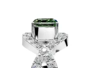 Halo Engagement Ring Setting for Fancy Green Asscher Cut Center with Pave Infinity Twist Band and Prong Head in White Gold