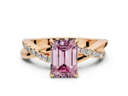 Crossover Engagement Ring Setting for Fancy Pink Emerald Cut Center with Pave and Plain Strands and Prong Head in Rose Gold