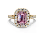 Halo Engagement Ring Setting for Fancy Pink Emerald Cut Center with Raised Halo, Pave Band and Prong Head in Yellow Gold
