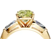 3 Stone Engagement Ring Setting for Fancy Yellow Cushion Cut Center with Tapered Baguettes, Plain Band and Prong Head in Yellow Gold