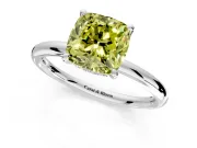 Hidden Halo Engagement Ring Setting for Fancy Yellow Cushion Cut Center with Thin Rounded Band and Prong Head in Platinum